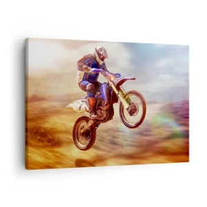 Canvastavla - Bild på duk - En motorcyklist i flykt under en dynamisk terrängkörning - 70x50cm - Motorcykelyrsel - Modern väggdekoration för vardagsrum och sovrum ARTTOR