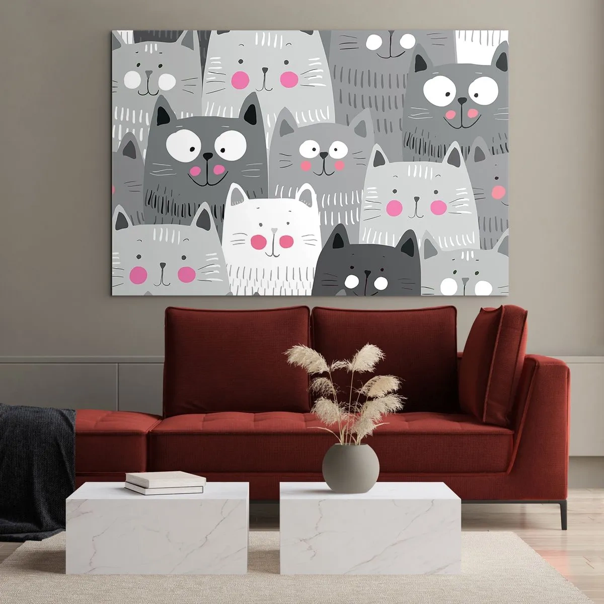 Glastavla - Bild på glas - Roliga katter i grå färger på en vit bakgrund - 70x50cm - Katternas värld - Modern väggdekoration för vardagsrum och sovrum ARTTOR