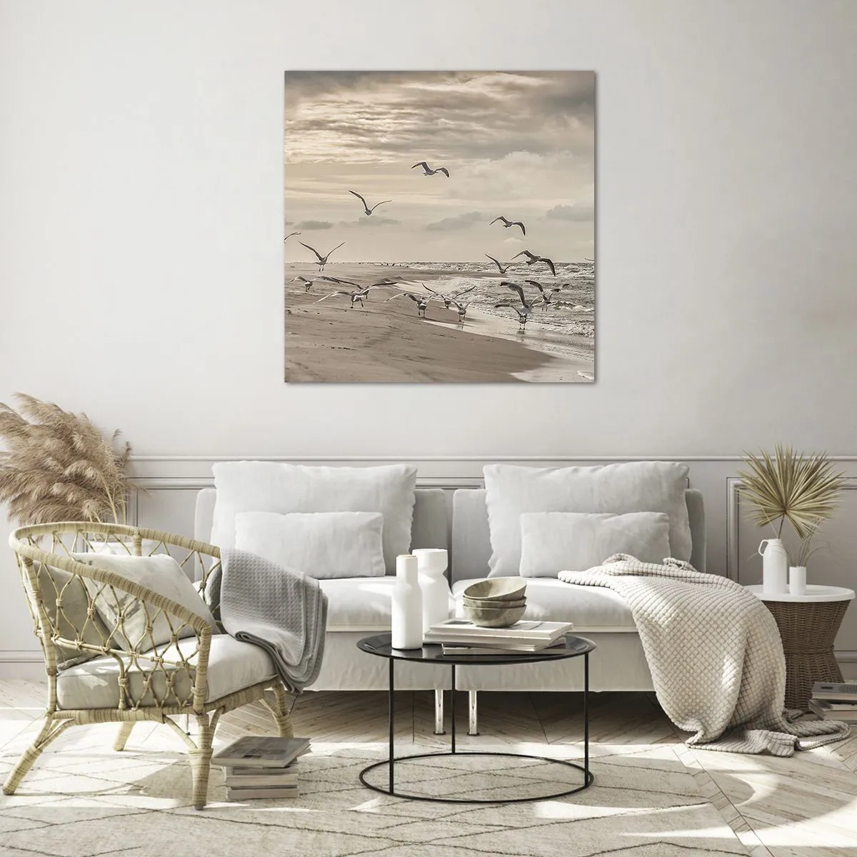 Glastavla - Bild på glas - Havets brus, fågelsång - 70x70 cm