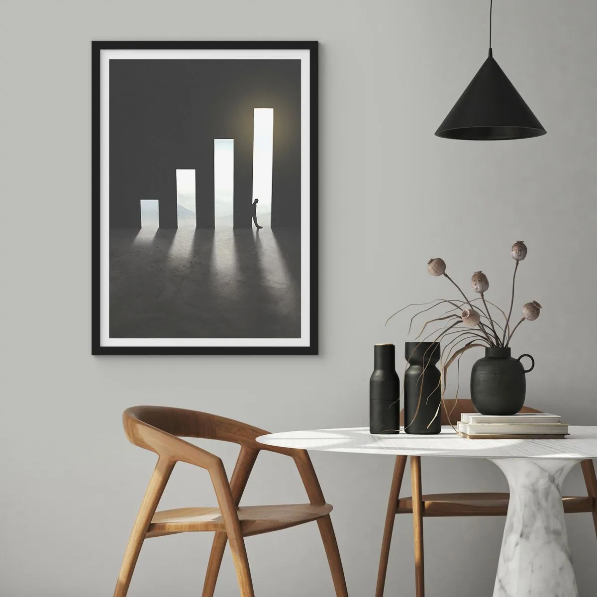 Affisch i svart ram - En symbolisk dörr i form av ett diagram med en figur - 50x70cm - Framgång - ett intryck - Modern väggdekoration för vardagsrum och sovrum ARTTOR