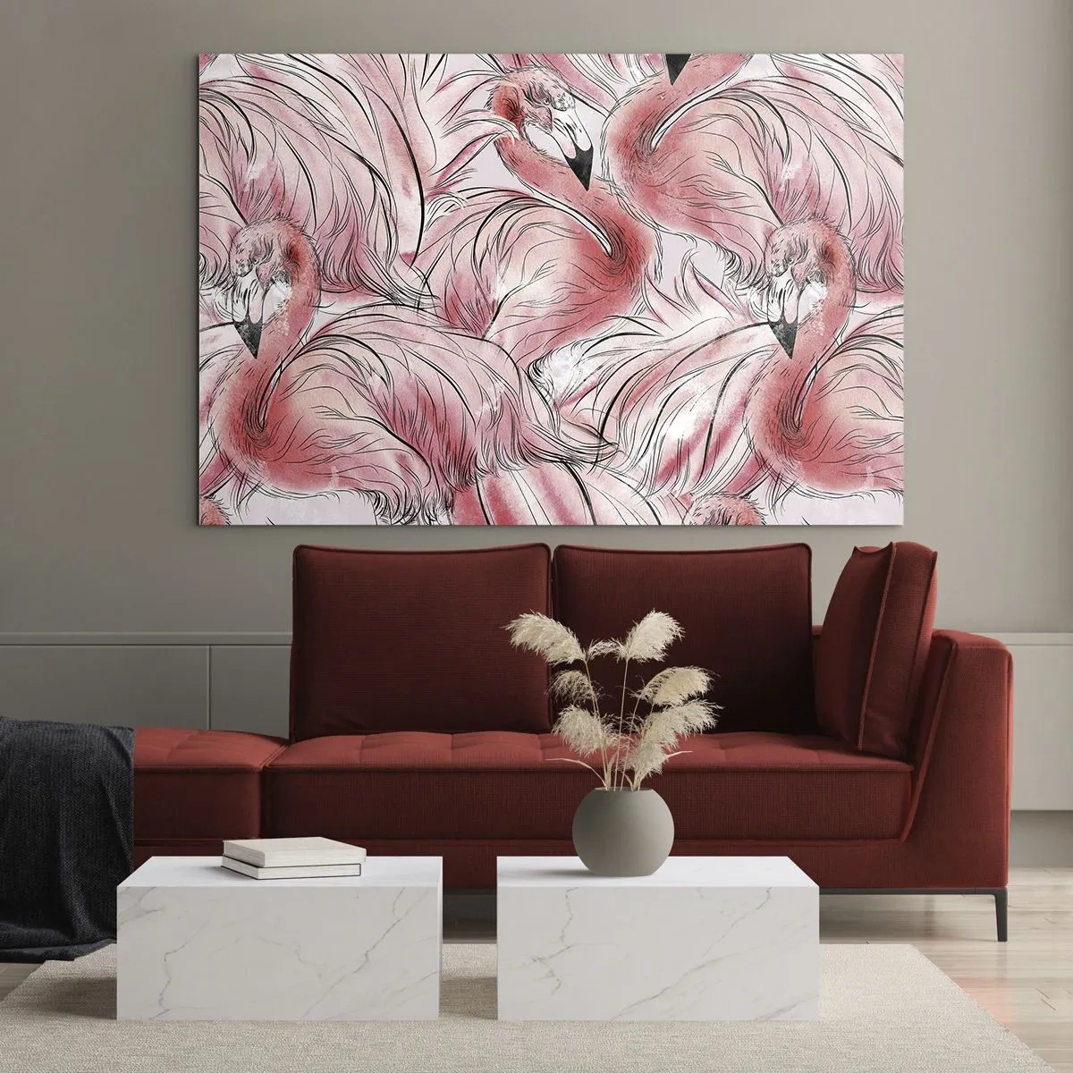 Glastavla - Bild på glas - Rosa flamingos i dekorativ tecknad stil - 70x50cm - Fåglarnas corps de ballet - Modern väggdekoration för vardagsrum och sovrum ARTTOR