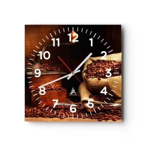 Väggklocka - Klocka på glas - Stilleben med kaffebönor och kvarn - 40x40 cm