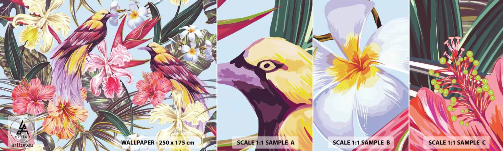 Provbit av självhäftande fototapet Deluxe Sticker - Flingor och fjädrar - Fågel, Blommor, Trädgård - 100x30 cm