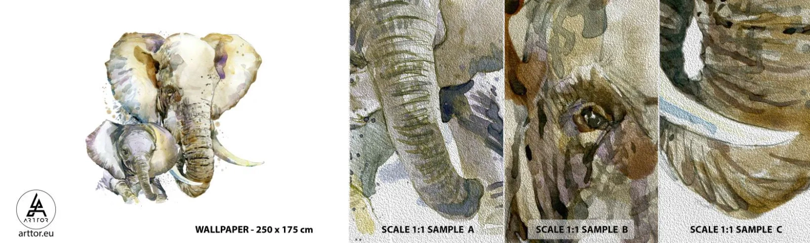 Provbit av fototapet Premium Sand - Alltid bäst hos mamma - Djur, Elefant, Grafik - 100x30 cm