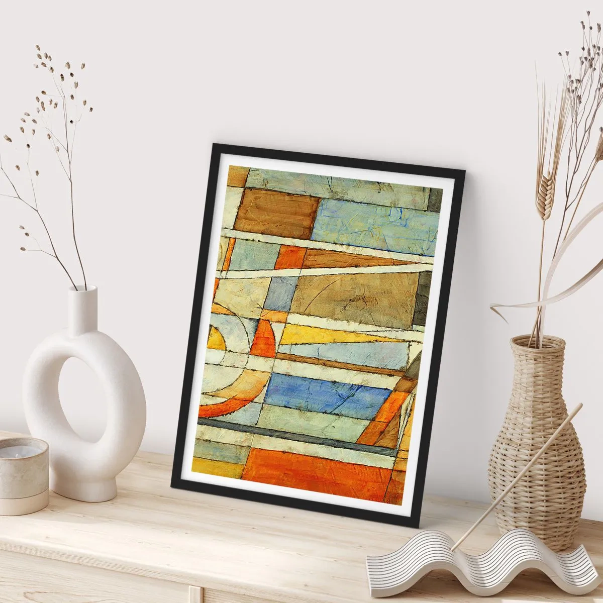 Affisch i svart ram - Geometriska mönster i nyanser av orange och blått - 50x70cm - Kubismen på bygget - Modern väggdekoration för vardagsrum och sovrum ARTTOR