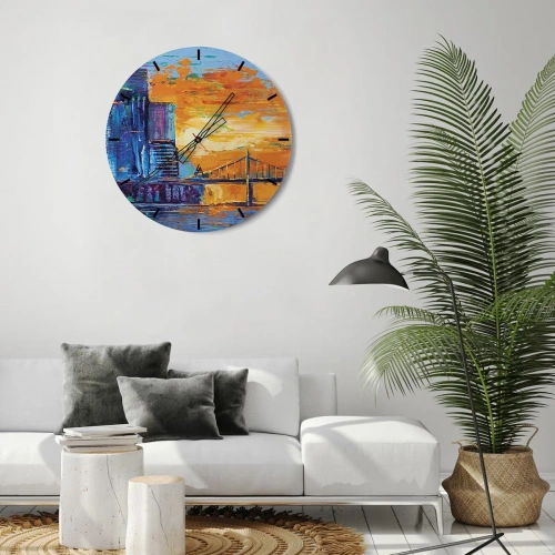 Väggklocka - Klocka på glas - Ett färgstarkt intryck av staden vid solnedgången - 30x30cm - Kultur och natur - Modern väggdekoration för vardagsrum, kök och sovrum ARTTOR