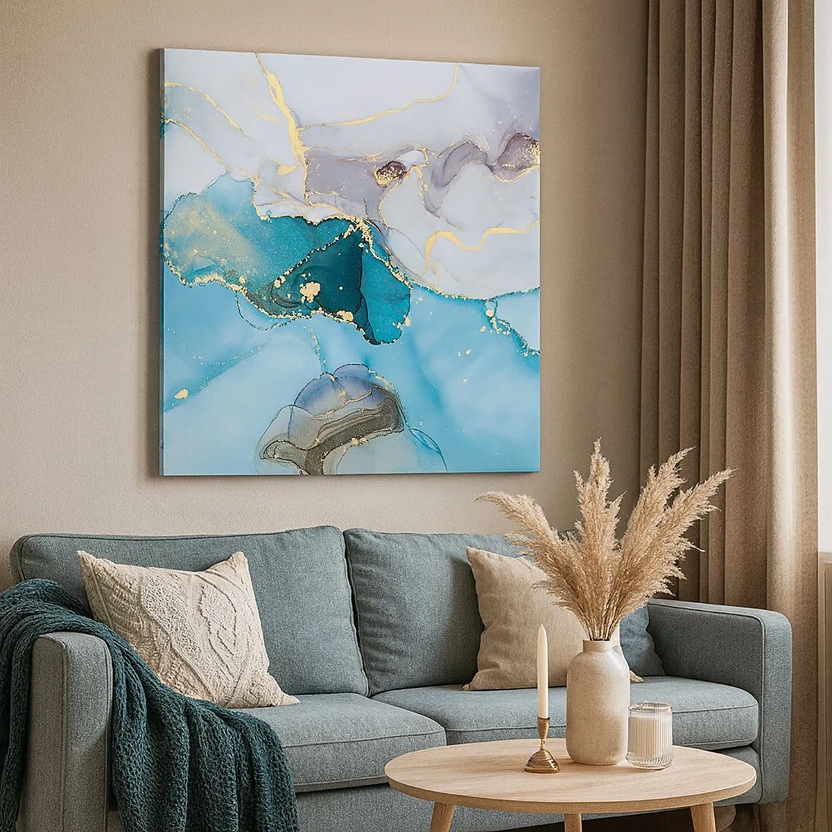 Canvastavla - Bild på duk - Studie över mötet mellan grå och turkos - 30x30 cm