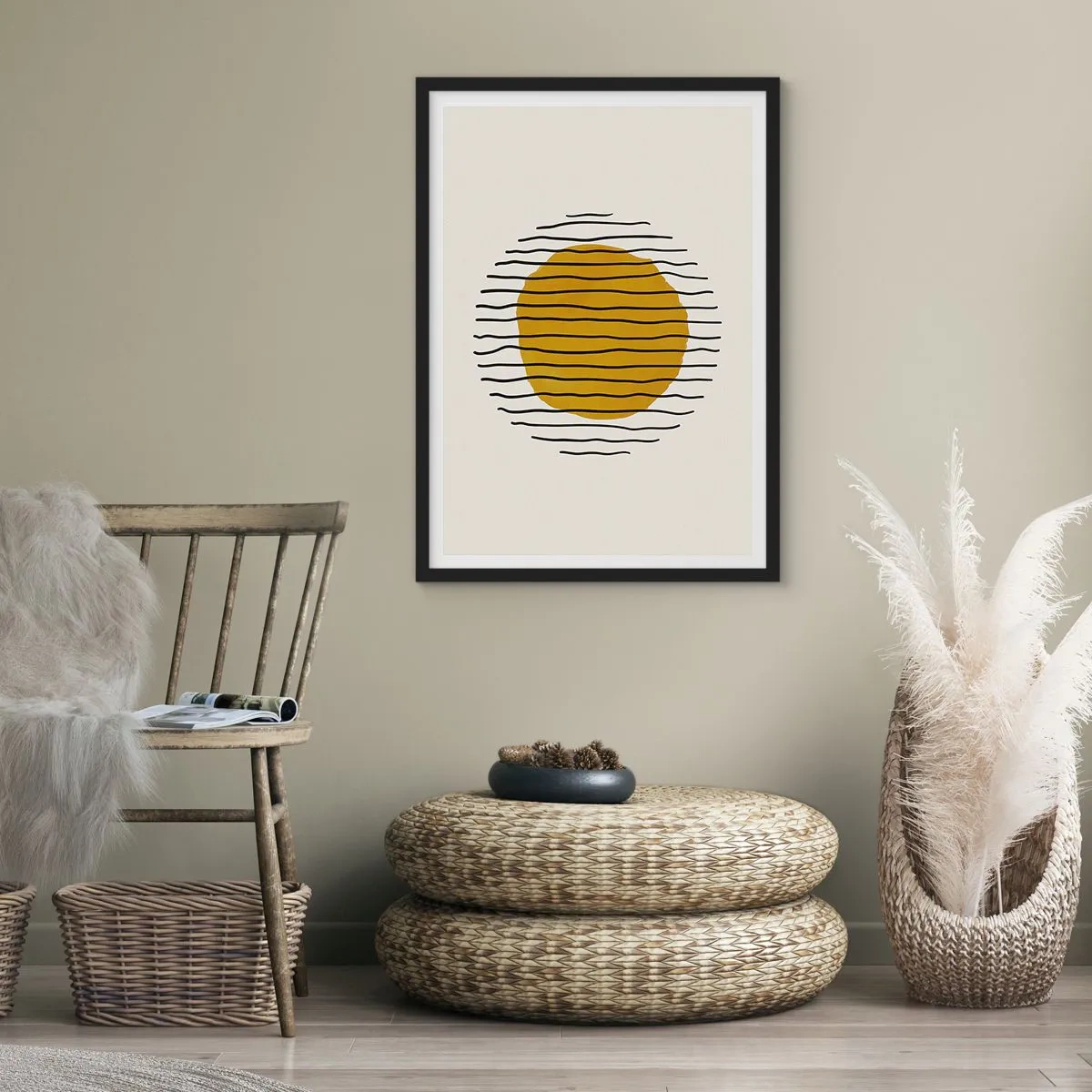 Affisch i svart ram - Minimalistisk grafik med en gul cirkel och svarta linjer - 50x70cm - Abstraktion som darrar av glöd - Modern väggdekoration för vardagsrum och sovrum ARTTOR