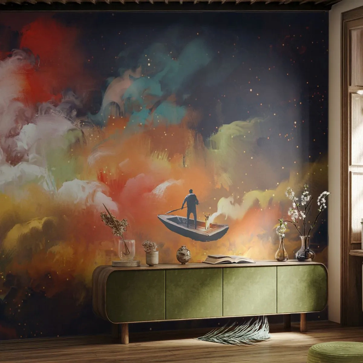 Fototapet Premium Canvas - I båten genom galaxen - Abstraktion, Fantasi, Resa - 250x175 cm