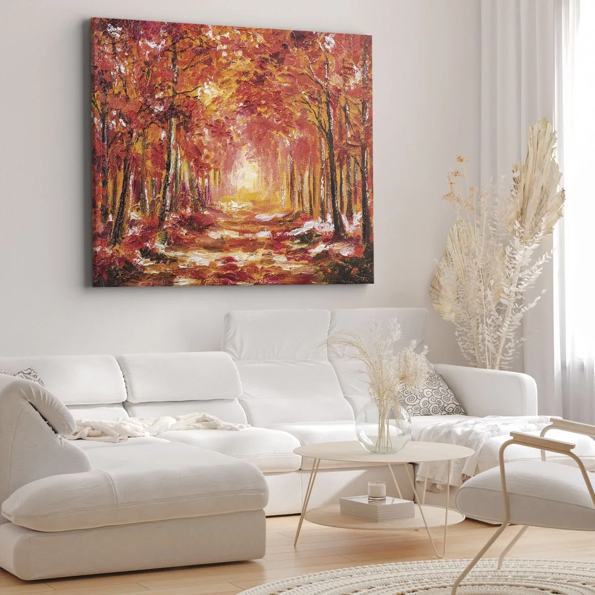 Canvastavla - Bild på duk - Höstskog i nyanser av koppar och guld - 70x50cm - Kopparskog - Modern väggdekoration för vardagsrum och sovrum ARTTOR