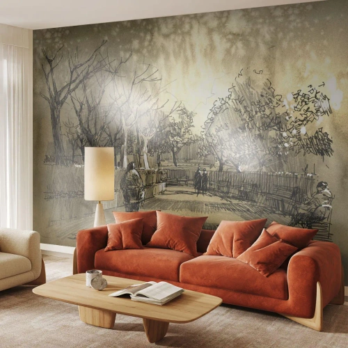 Fototapet Standard Eco - Skissartat parklandskap i varma sepiatoner med figurer - 100x70cm - En stund fångad med penna - Modern väggdekoration för vardagsrum och sovrum ARTTOR