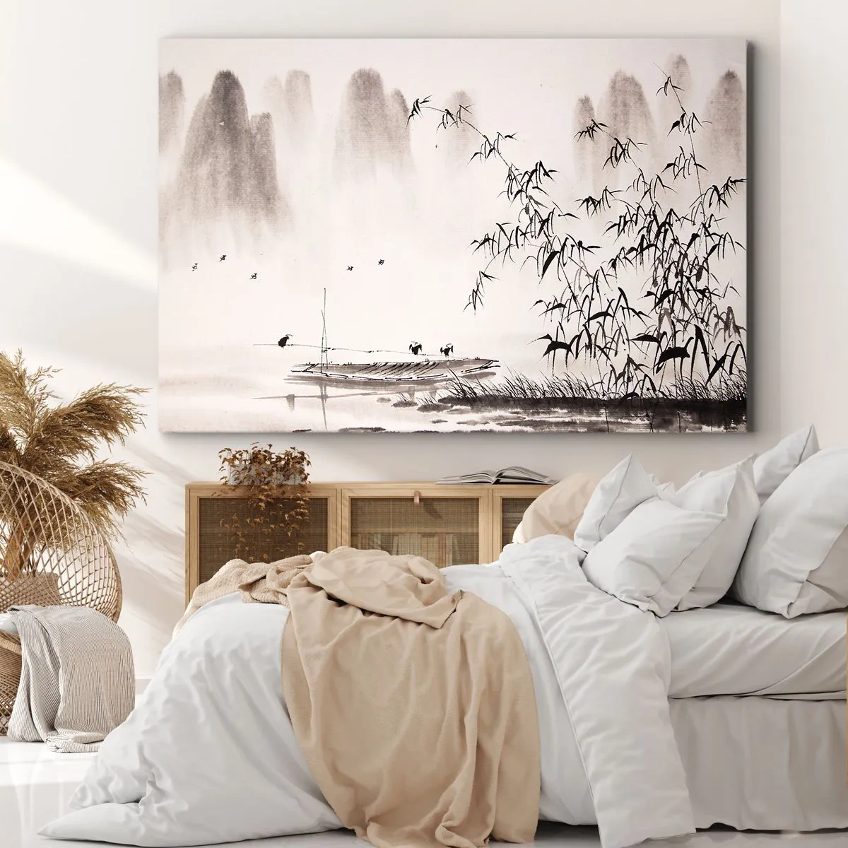 Canvastavla - Bild på duk - Ett minimalistiskt landskap i orientalisk stil - 70x50cm - Risfältens tystnad - Modern väggdekoration för vardagsrum och sovrum ARTTOR