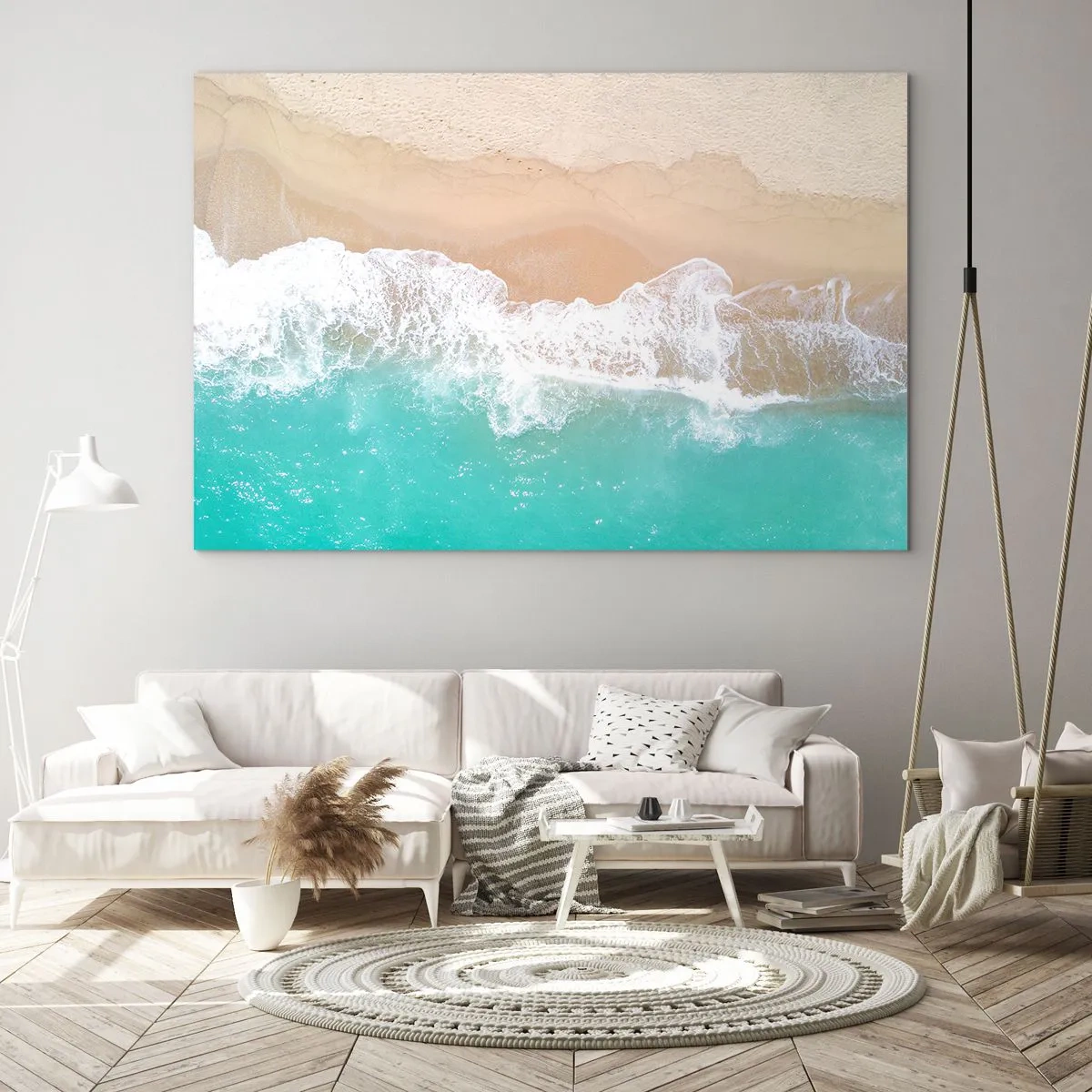 Glastavla - Bild på glas - Flygfoto över stranden med turkost vatten och vita vågor - 70x50cm - Smekande beröring - Modern väggdekoration för vardagsrum och sovrum ARTTOR