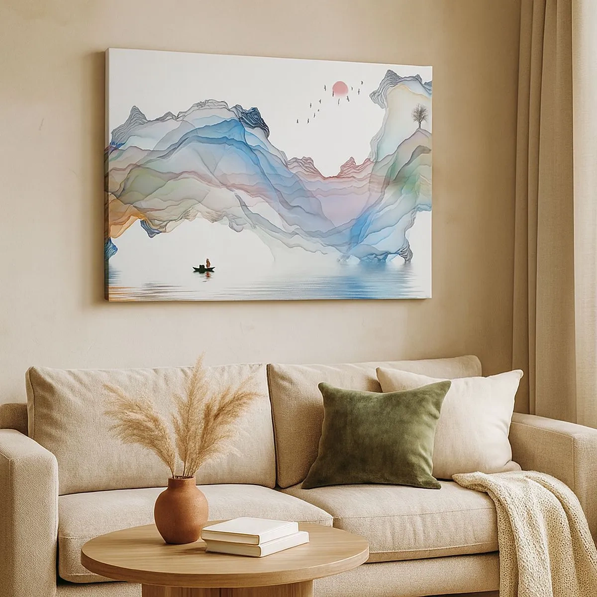 Canvastavla - Bild på duk - Ett subtilt landskap med berg, vatten och en båt - 70x50cm - Mot kristallfjäll - Modern väggdekoration för vardagsrum och sovrum ARTTOR