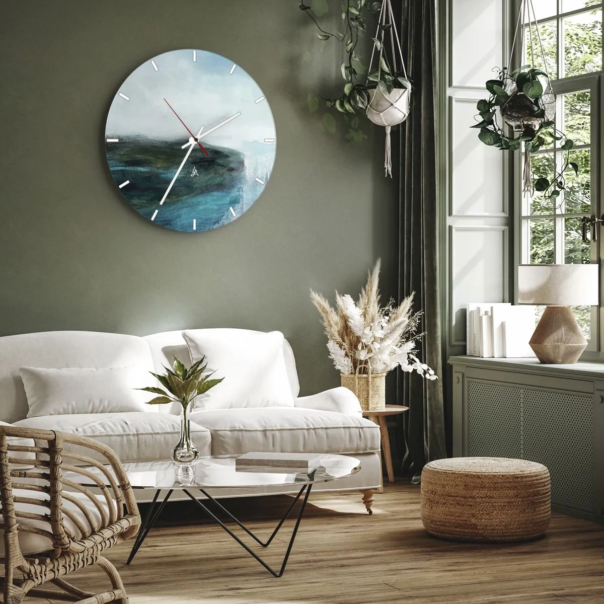 Väggklocka - Klocka på glas - Ett havslandskap med en klippa i turkosa och blå toner - 30x30cm - Marin abstraktion - Modern väggdekoration för vardagsrum, kök och sovrum ARTTOR