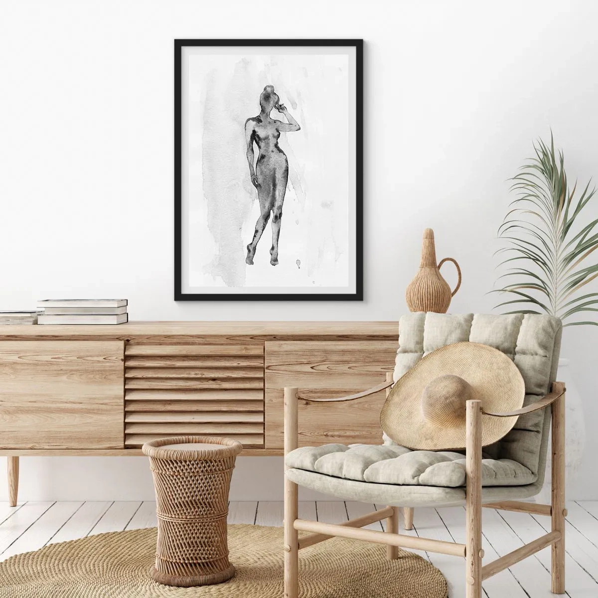 Affisch i svart ram - Silhuett av en kvinna i svartvit akvarellteknik - 50x70cm - En studie om kvinnlighetens perfektion - Modern väggdekoration för vardagsrum och sovrum ARTTOR