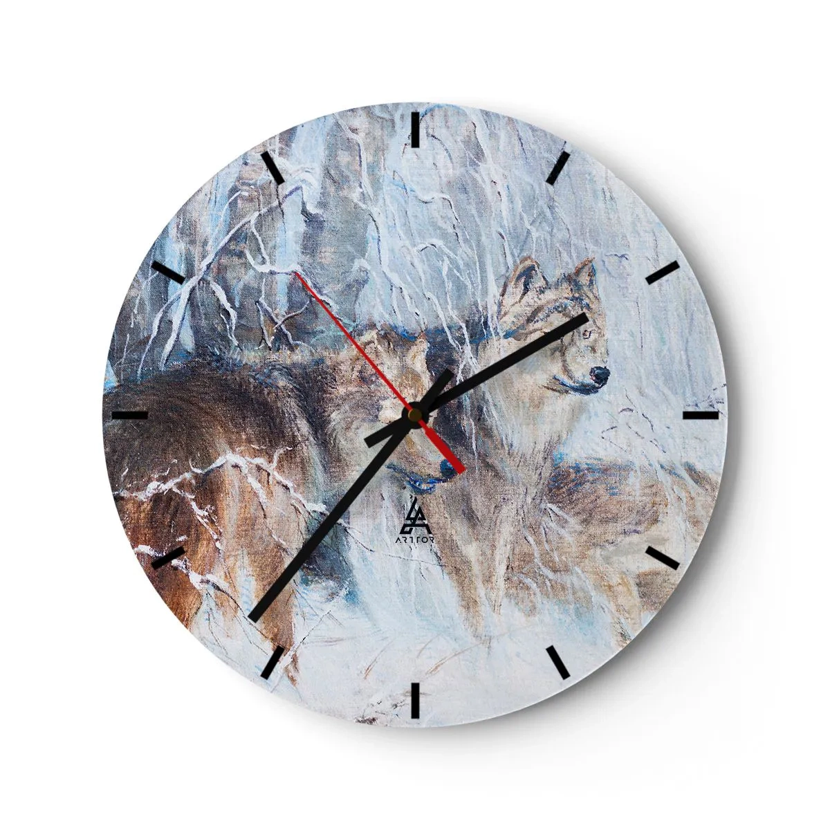 Väggklocka - Klocka på glas - En varg i ett vinterlandskap, omgivet av snötäckta träd - 30x30cm - Akta! Någon kommer - Modern väggdekoration för vardagsrum, kök och sovrum ARTTOR