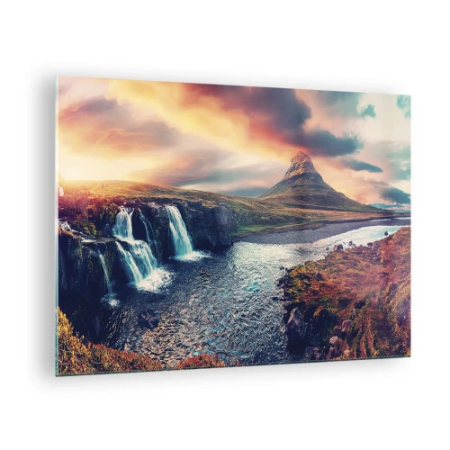 Glastavla - Bild på glas - Vattenfall och berg vid solnedgången i isländskt landskap - 70x50cm - I naturens majestät - Modern väggdekoration för vardagsrum och sovrum ARTTOR