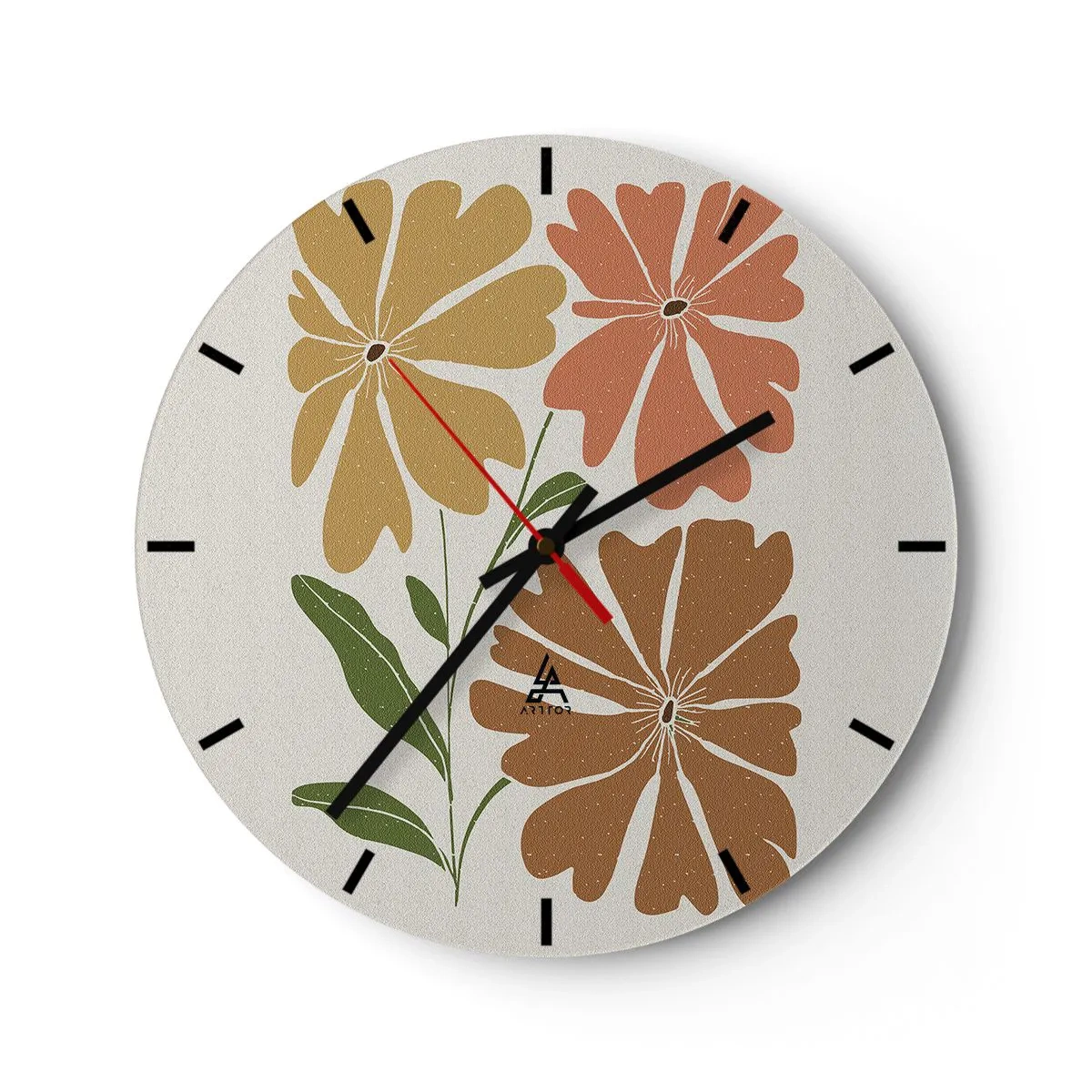 Väggklocka - Klocka på glas - En blommig komposition i varma nyanser mot en ljus bakgrund - 30x30cm - Natur och geometri - Modern väggdekoration för vardagsrum, kök och sovrum ARTTOR