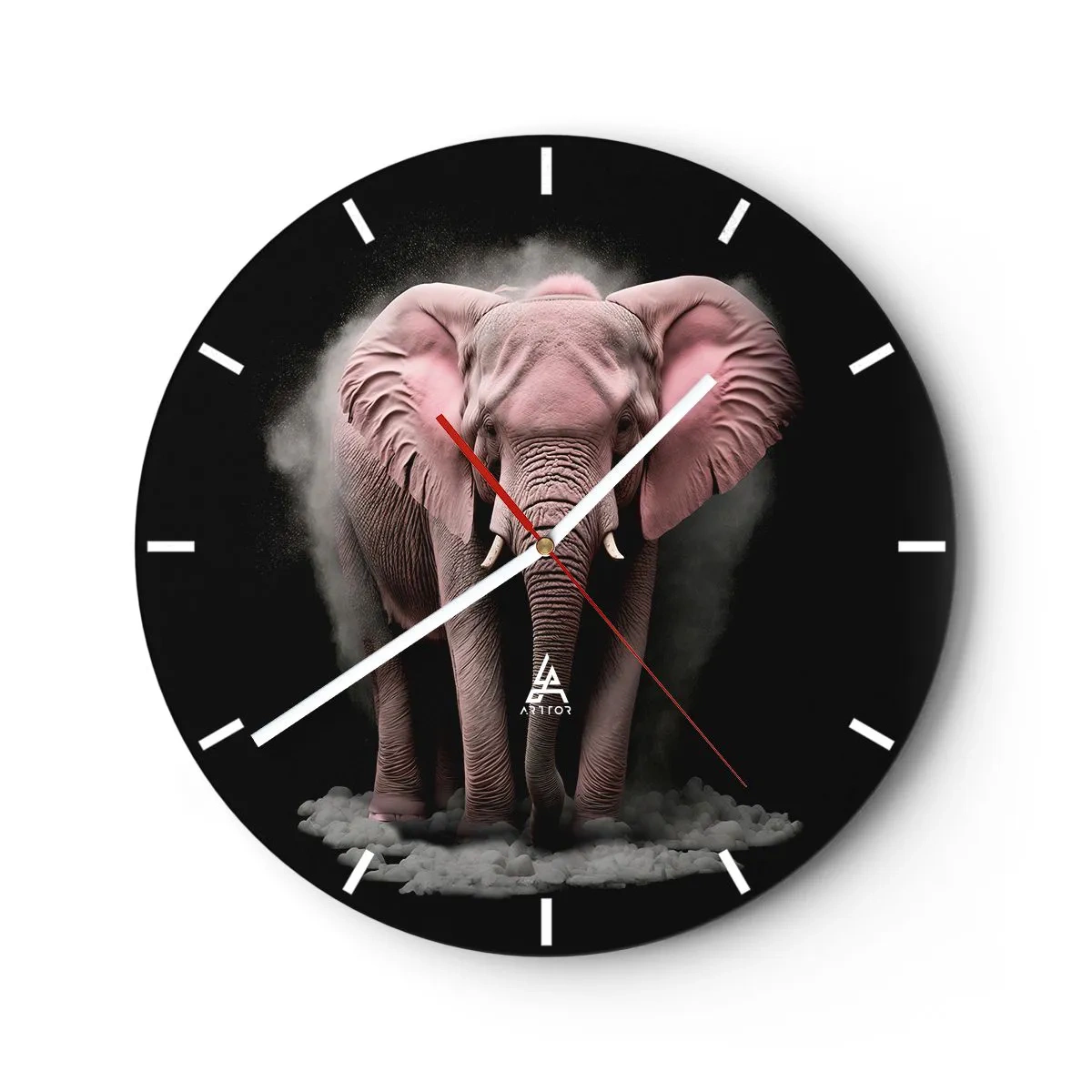 Väggklocka - Klocka på glas - En rosa elefant på en svart bakgrund omgiven av dimma - 30x30cm - Tänk inte på en rosa elefant! - Modern väggdekoration för vardagsrum, kök och sovrum ARTTOR