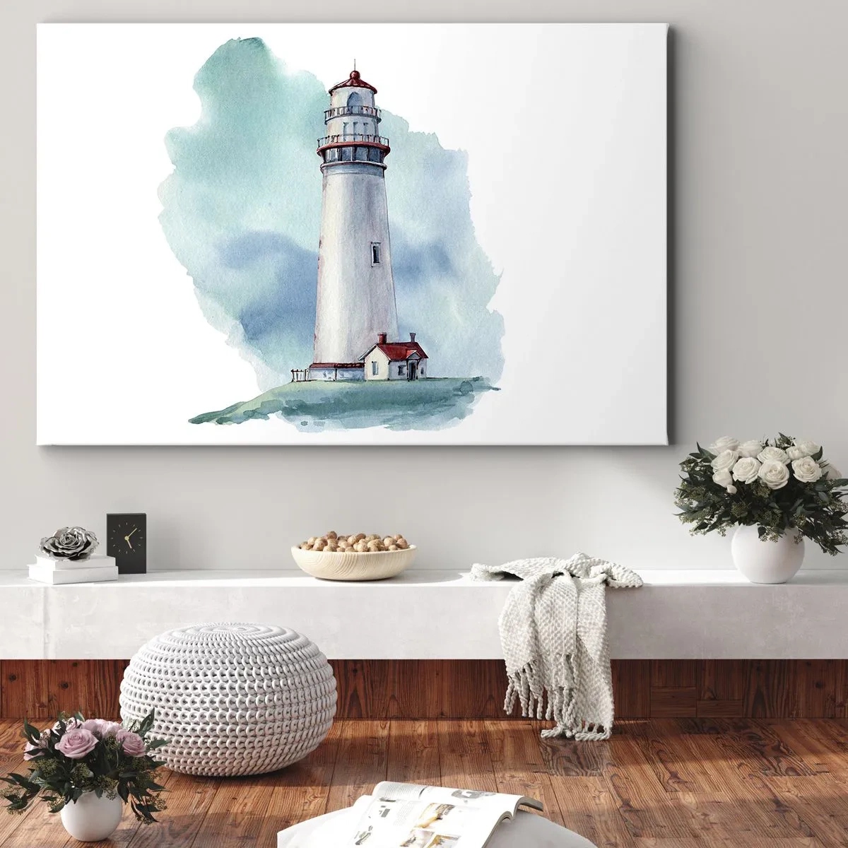 Canvastavla - Bild på duk - En fyr mot en akvarellblå bakgrund - 70x50cm - Milda syster av det blåa - Modern väggdekoration för vardagsrum och sovrum ARTTOR