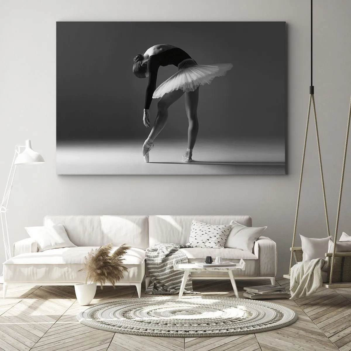 Canvastavla - Bild på duk - En ballerina i en elegant pose mot en svartvit bakgrund - 70x50cm - Bella ballerina - Modern väggdekoration för vardagsrum och sovrum ARTTOR