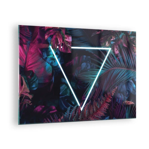 Glastavla - Bild på glas - En neontriangel omgiven av tropiska växter i nyanser av rosa och blått. - 70x50cm - Trädgård i retrostil - Modern väggdekoration för vardagsrum och sovrum ARTTOR