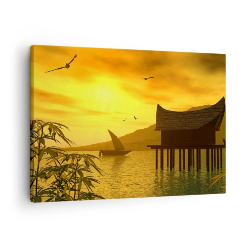 Canvastavla - Bild på duk - Tropisk solnedgång över vatten med trähus på pålar. - 70x50cm - Efterlängtad ro - Modern väggdekoration för vardagsrum och sovrum ARTTOR
