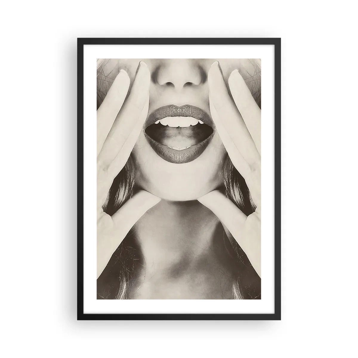 Affisch i svart ram - Konstnärlig närbild av läppar i monokrom stil - 50x70cm - Jag kommer! - Modern väggdekoration för vardagsrum och sovrum ARTTOR