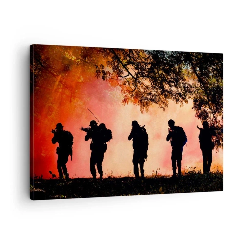 Canvastavla - Bild på duk - Silhuetter av soldater i skogen mot den orange himlen - 70x50cm - ...Alla för en - Modern väggdekoration för vardagsrum och sovrum ARTTOR