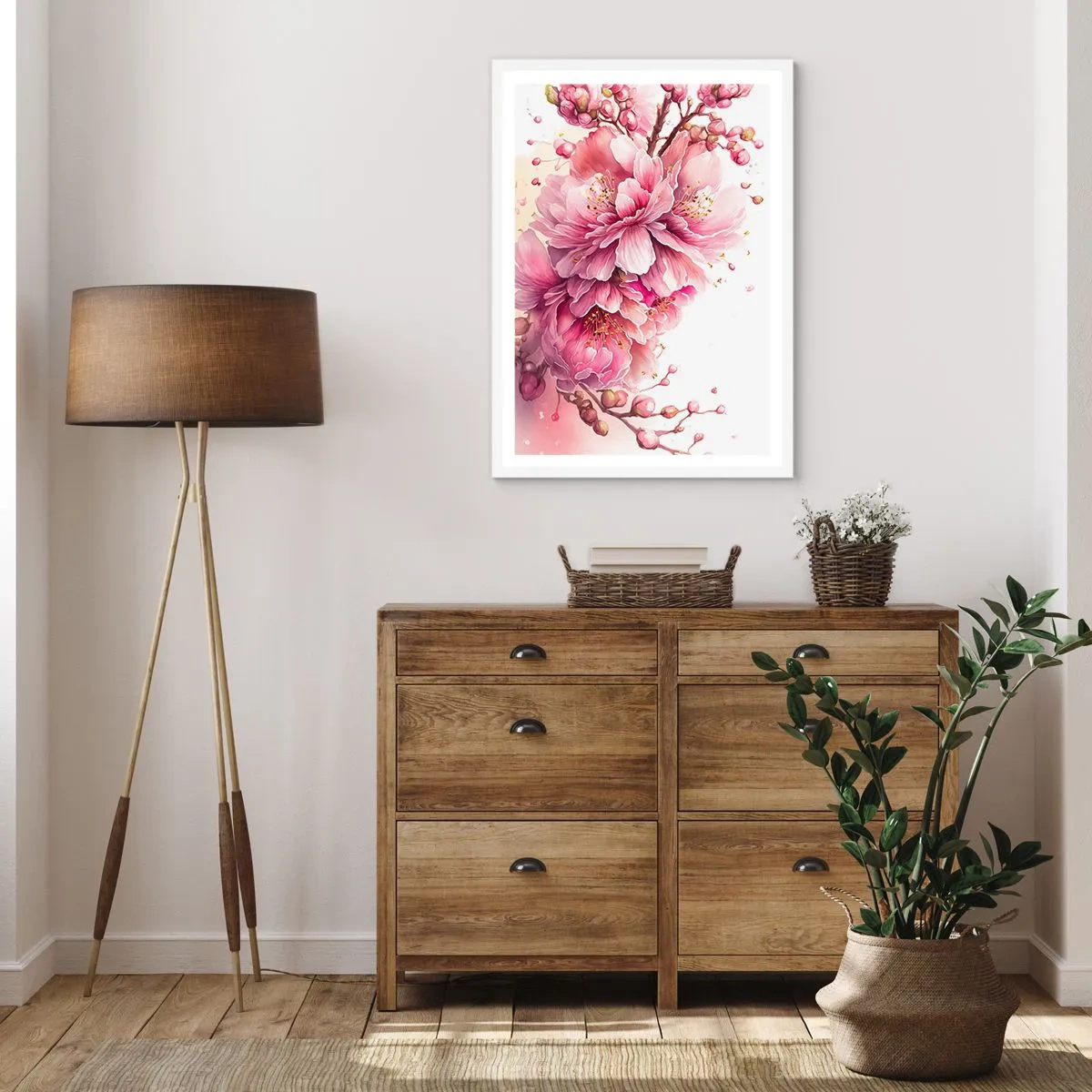 Affisch i vit ram - Blommande körsbärsblomma - 61x91 cm