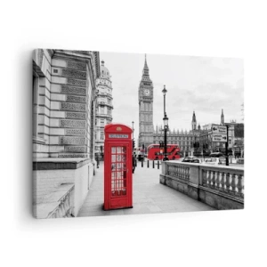 Canvastavla - Bild på duk - En röd telefonkiosk med Big Ben i bakgrunden i London - 70x50cm - London utan tvekan - Modern väggdekoration för vardagsrum och sovrum ARTTOR