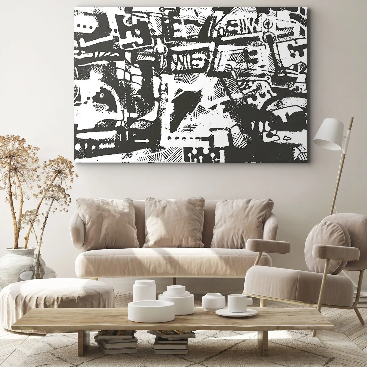 Canvastavla - Bild på duk - Abstrakt monokrom retromönster - 70x50cm - Ordning eller kaos? - Modern väggdekoration för vardagsrum och sovrum ARTTOR
