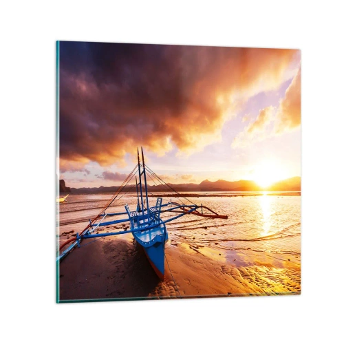 Glastavla - Bild på glas - Lägga sig på sanden efter hela dan - 50x50 cm