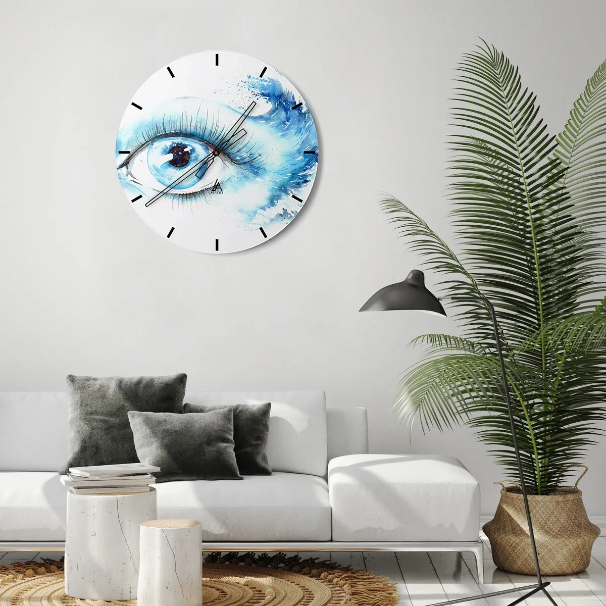 Väggklocka - Klocka på glas - Konstnärligt öga i nyanser av blått - 30x30cm - Doppa sig i den blåa blicken - Modern väggdekoration för vardagsrum, kök och sovrum ARTTOR