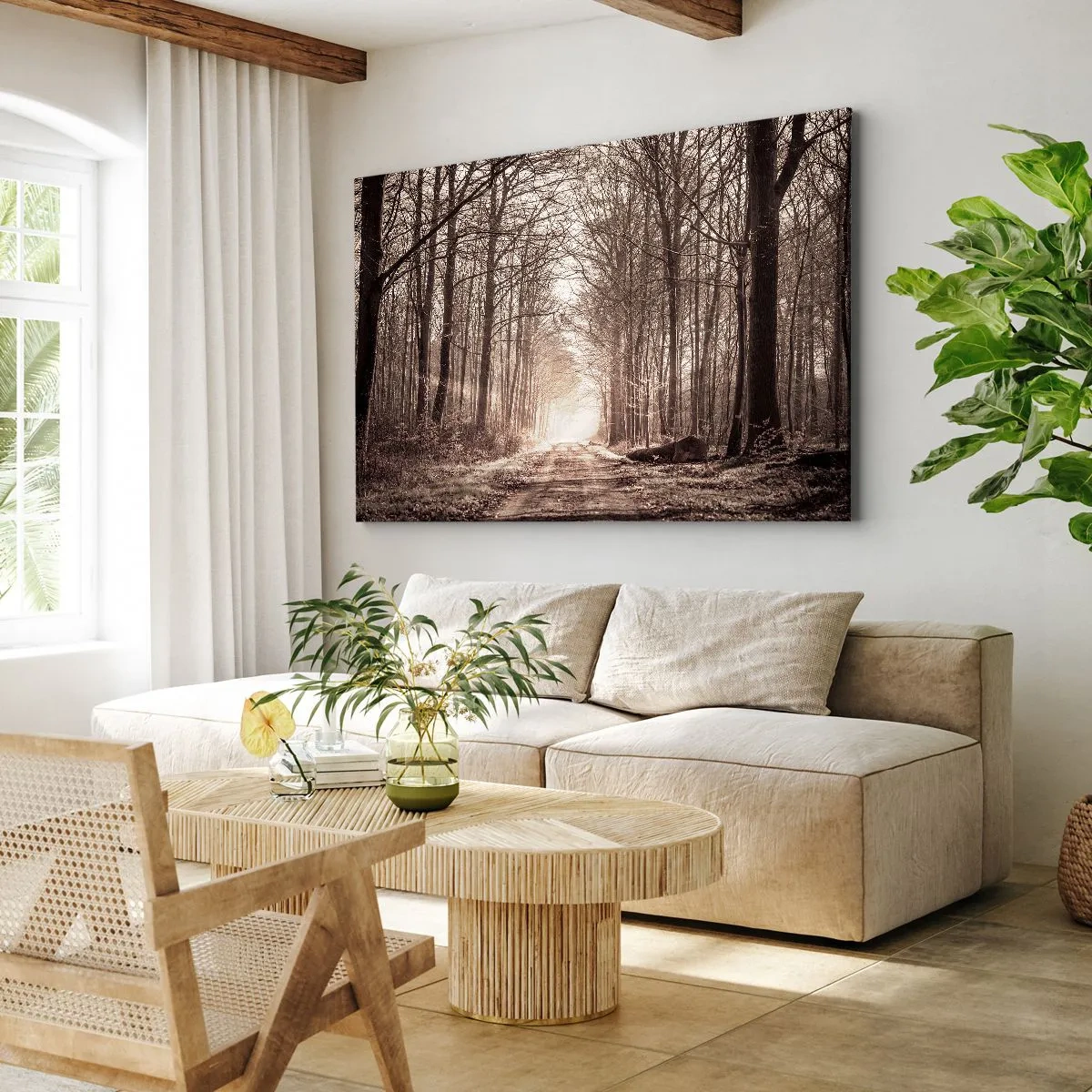 Canvastavla - Bild på duk - En skogsstig bland sepiafärgade träd - 70x50cm - Skogens domkyrka - Modern väggdekoration för vardagsrum och sovrum ARTTOR