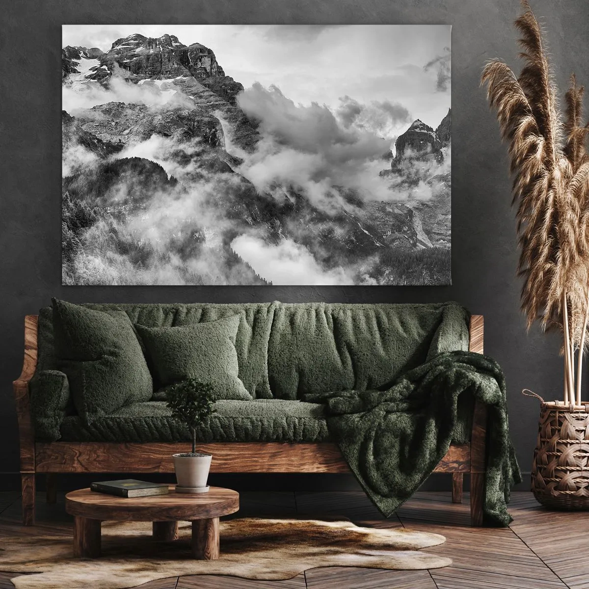 Canvastavla - Bild på duk - Svartvit vy över berg omgivna av moln - 70x50cm - Vackra och grymma - Modern väggdekoration för vardagsrum och sovrum ARTTOR