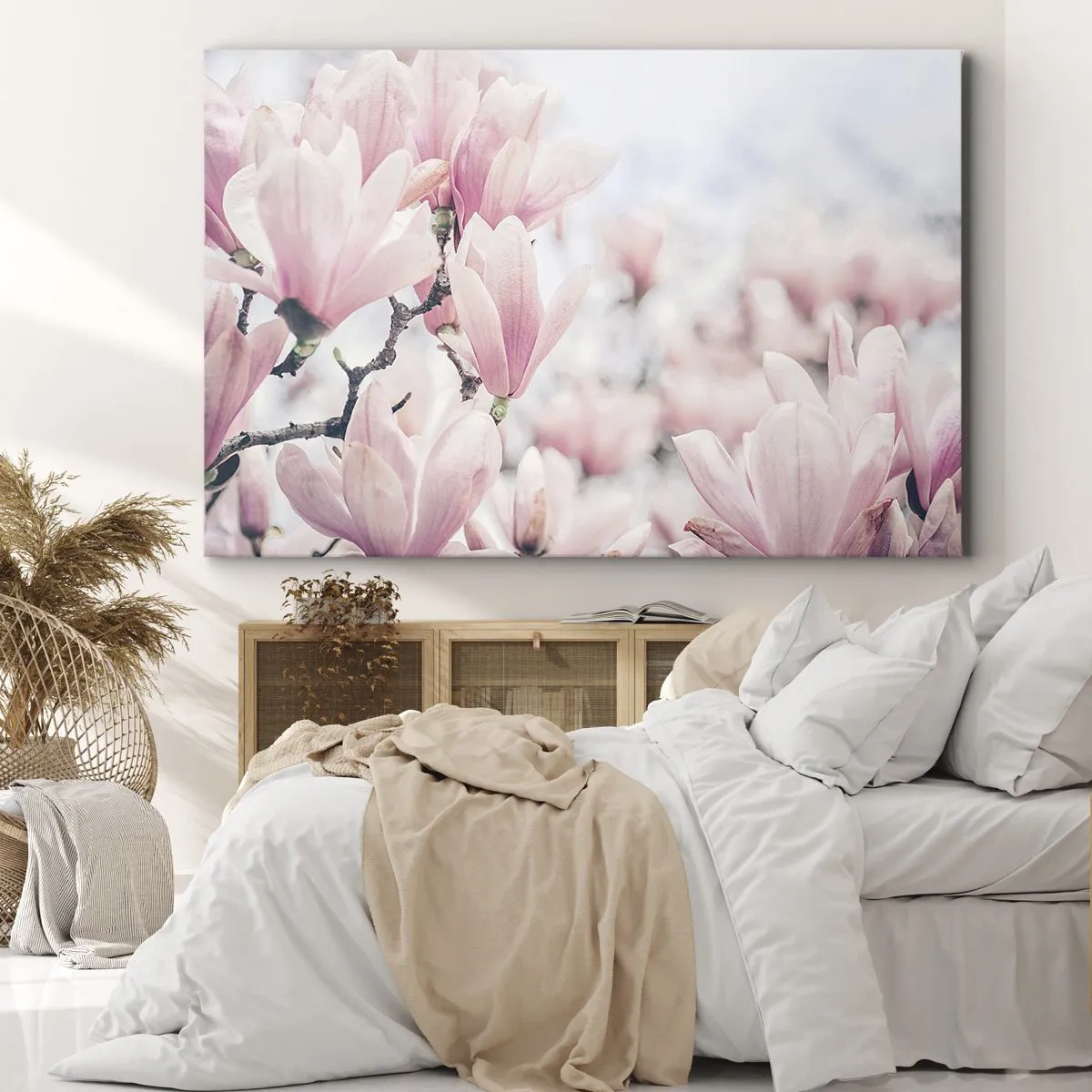 Canvastavla - Bild på duk - Subtila magnoliablommor i delikata rosa nyanser - 70x50cm - Perfekt subtilitet - Modern väggdekoration för vardagsrum och sovrum ARTTOR