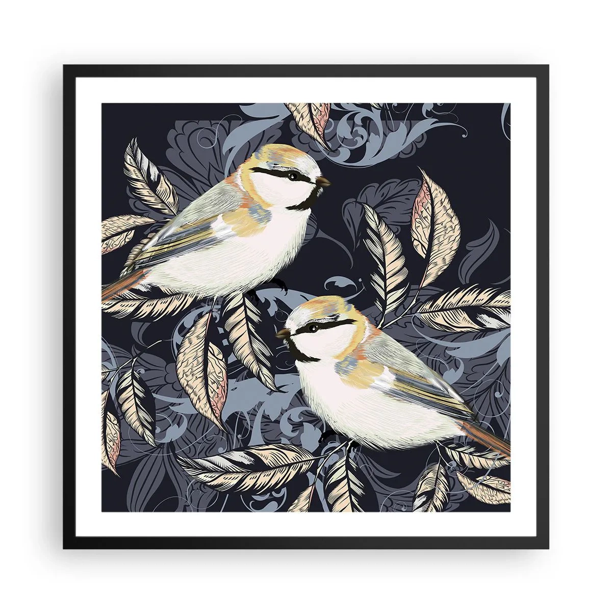 Affisch i svart ram - Gul-grå fågelsång - 60x60 cm