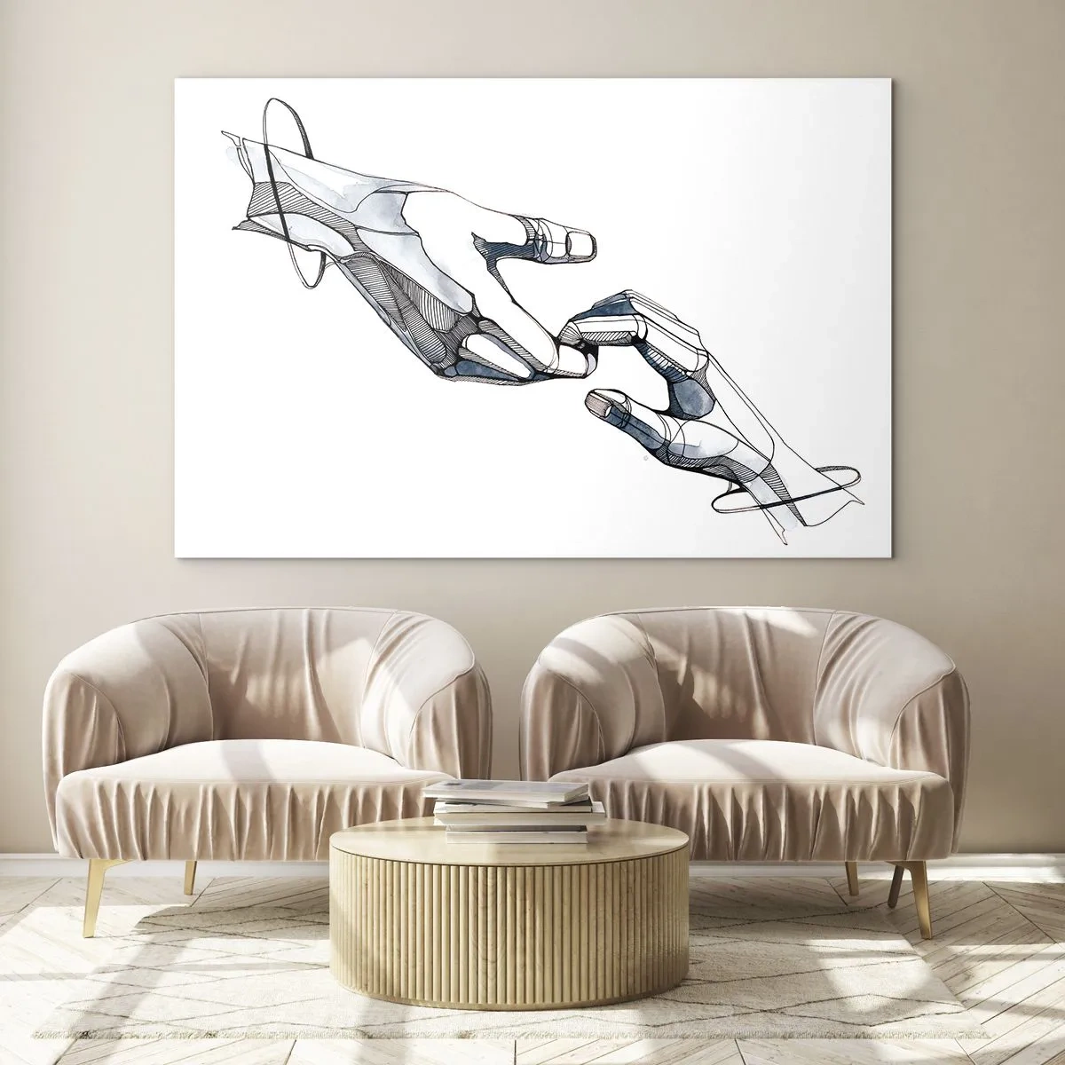 Glastavla - Bild på glas - Konstnärlig illustration av två händer i abstrakt stil - 70x50cm - God gest - Modern väggdekoration för vardagsrum och sovrum ARTTOR