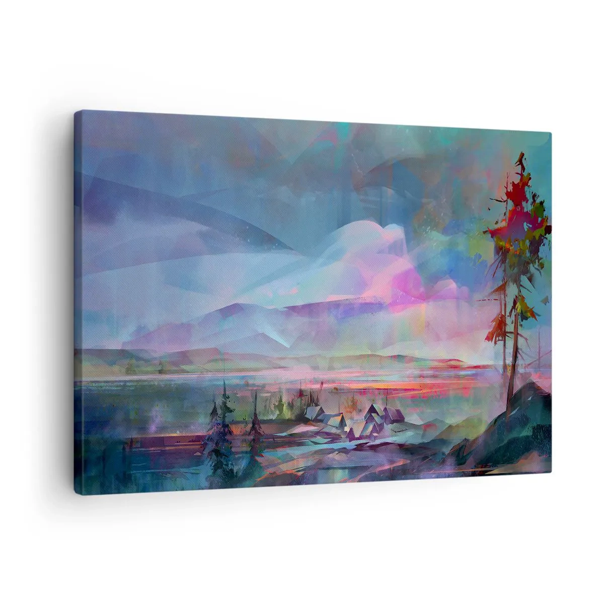 Canvastavla - Bild på duk - Berglandskap med en färgglad himmel och en by - 70x50cm - Under en vänlig himmel - Modern väggdekoration för vardagsrum och sovrum ARTTOR