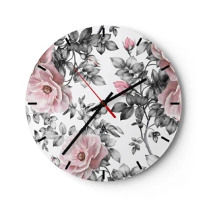 Väggklocka - Klocka på glas - Rosa rosor med svarta och vita blad - 30x30cm - Tappa sig i rosblommorna - Modern väggdekoration för vardagsrum, kök och sovrum ARTTOR