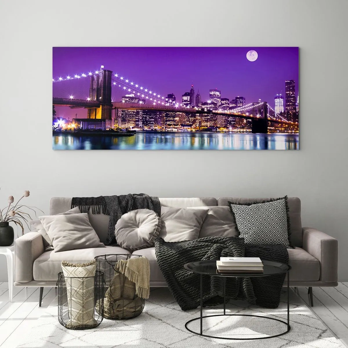 Glastavla - Bild på glas - Storstadens ljus i violett - 100x40 cm