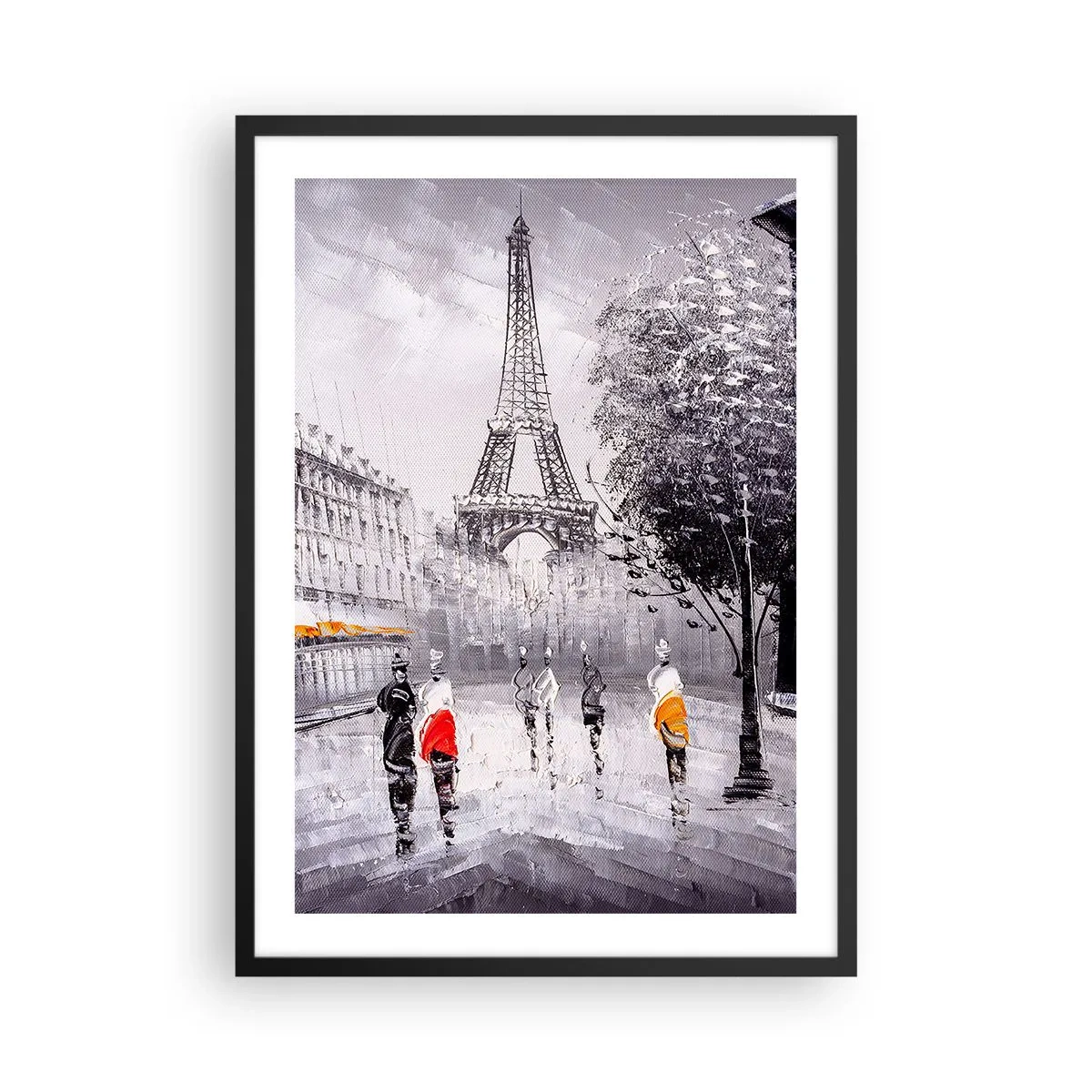Affisch i svart ram - Eiffeltornet med gatubilden en regnig dag - 50x70cm - Promenad i Paris - Modern väggdekoration för vardagsrum och sovrum ARTTOR