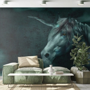 Fototapet Standard Eco - En mystisk enhörning i en mörk miljö - 100x70cm - I sagoskogen - Modern väggdekoration för vardagsrum och sovrum ARTTOR