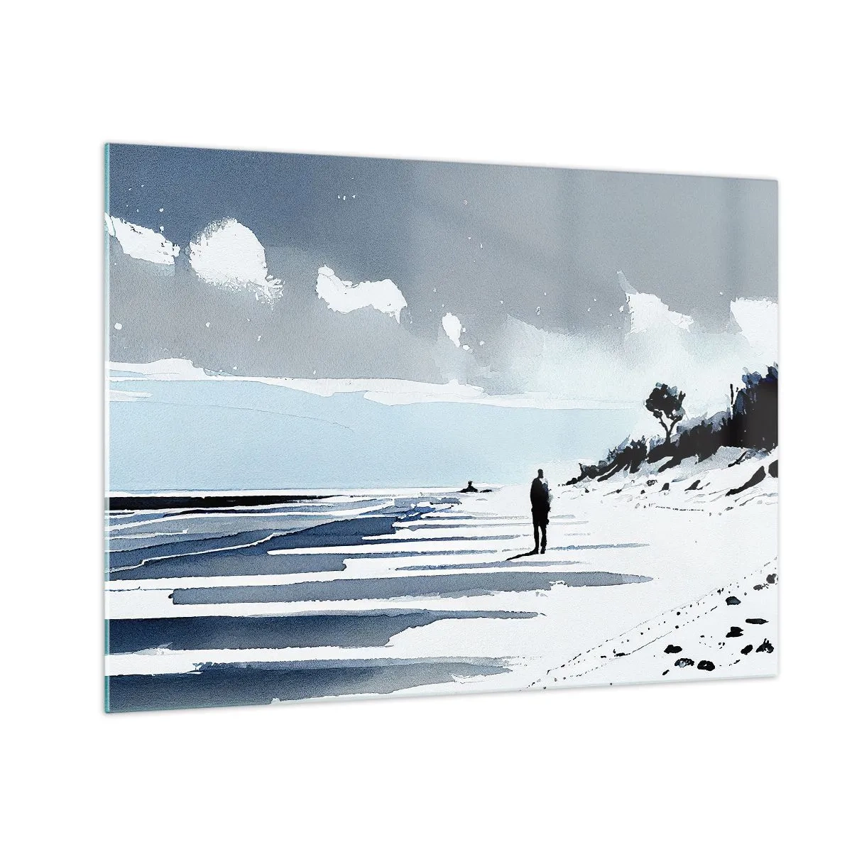 Glastavla - Bild på glas - Silhuetten av en ensam person som går på en tom strand - 70x50cm - Ensam - Modern väggdekoration för vardagsrum och sovrum ARTTOR