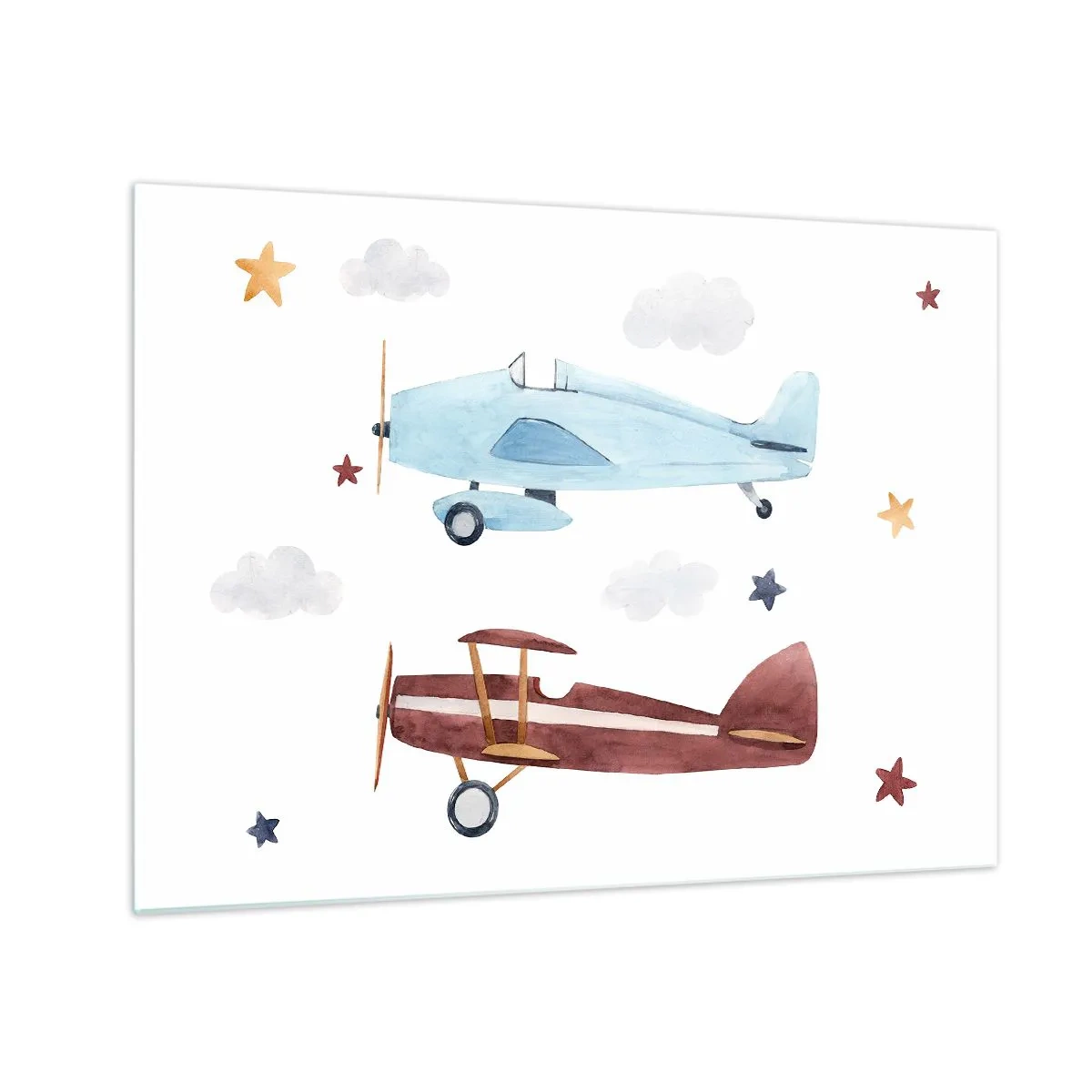 Glastavla - Bild på glas - Två färgglada flygplan bland stjärnorna och molnen - 70x50cm - Herr pilot, vi väntar! - Modern väggdekoration för vardagsrum och sovrum ARTTOR