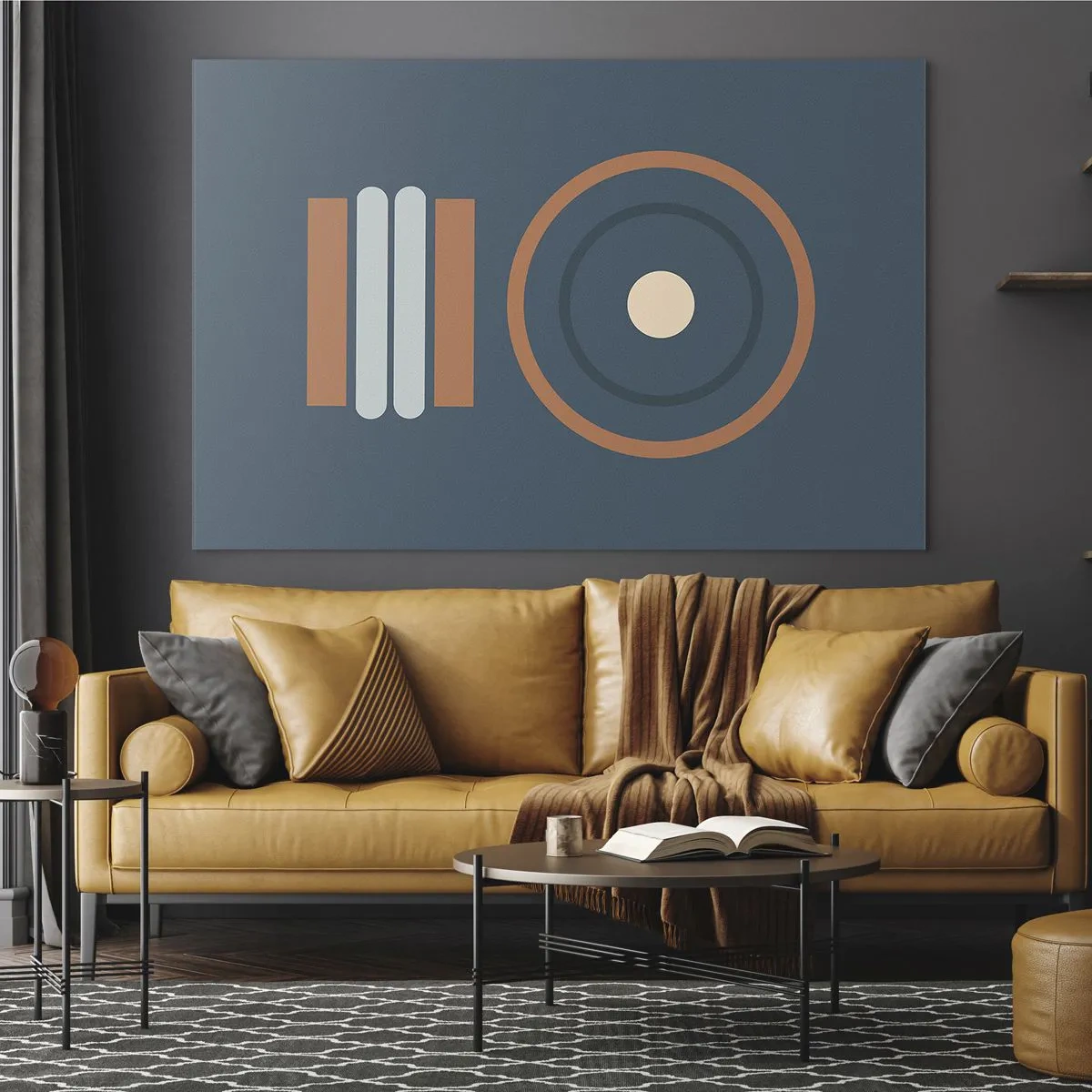 Glastavla - Bild på glas - Abstrakta geometriska former i dämpade färger, med cirklar och linjer - 70x50cm - Sakens kärna - Modern väggdekoration för vardagsrum och sovrum ARTTOR