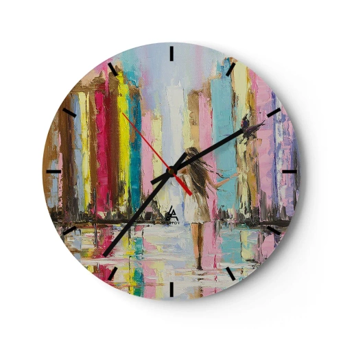 Väggklocka - Klocka på glas - En kvinna i en vit klänning i en färgglad stadsmiljö - 30x30cm - Kom med mig - Modern väggdekoration för vardagsrum, kök och sovrum ARTTOR