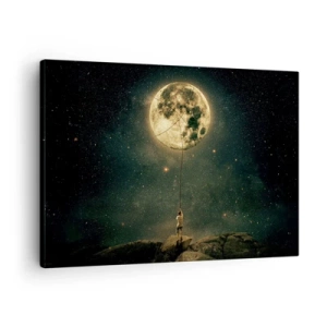 Canvastavla - Bild på duk - Mannen med månen mot stjärnhimlen - 70x50cm - En man som stal månen - Modern väggdekoration för vardagsrum och sovrum ARTTOR